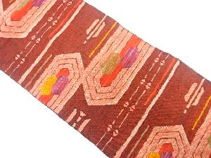 手織り真綿紬　変わり横段に幾何学模様織り出し名古屋帯